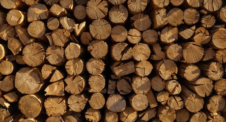 Fototapeta premium Textured wood boards piled orderly in a timber yard bathed in daylight