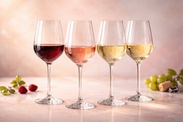 Naklejka premium Elegant display of four wine glasses with red rosÃ© and white wine on a soft pastel background enhancing beverage clarity