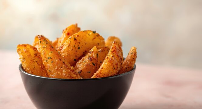 High detail closeup of crunchy deep fried potato wedges flavored with herbs in a black bowl with a subdued pastel background copy space