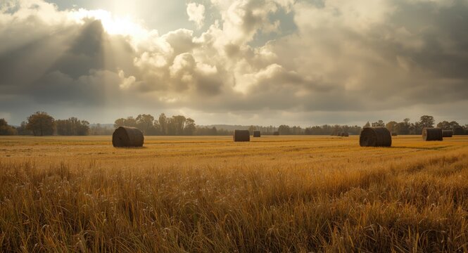 Sunless autumn field scene highlighted by hay stacks and thick clouds
