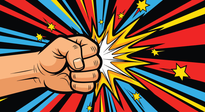 Fist Punching Comic Explosion with Colorful Stars and Rays