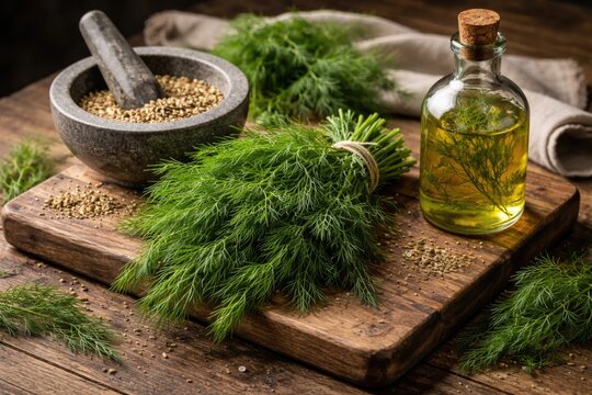 Fresh green dill bunch with fennel seed mortar and dill oil bottle on wooden board copy space