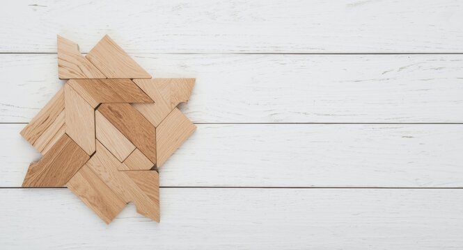 Wood tangram puzzle with trapezium shapes on white wooden background copy space