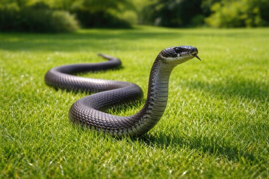 A full length portrait of a playful pet black mamba snake slithering on a lush green grass lawn on a bright summer day
