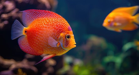 Obraz premium Vibrant aquarium close up showing an adult discus fish alongside bright fish