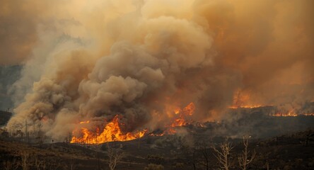 Naklejka premium Thick smoke billowing from a vast wildfire blaze