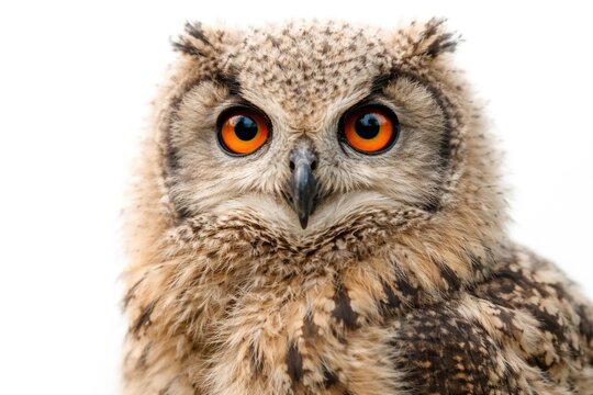 Close-up portrait of a juvenile Siberian eagle owl with a clean white background