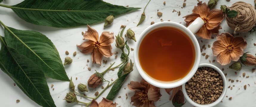 Fresh kratom leaves and flowers arranged next to a cup of herbal kratom tea on white