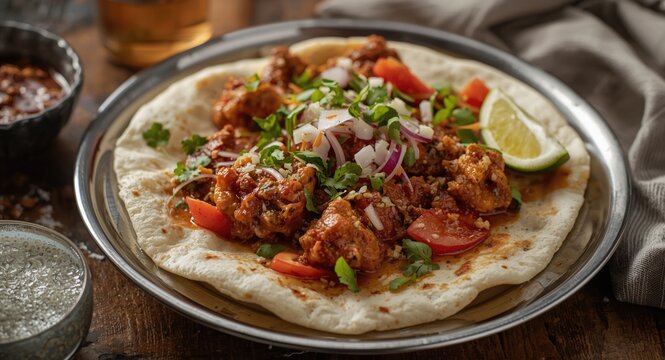 Traditional spicy misal pav garnished with farsan and fresh vegetables