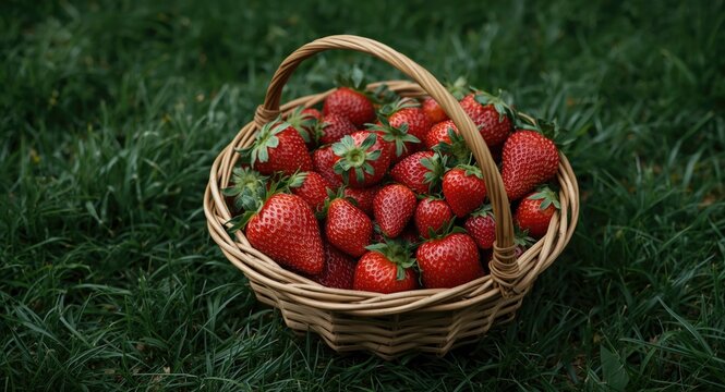 Freshly picked strawberries in basket on green yard with open copy space