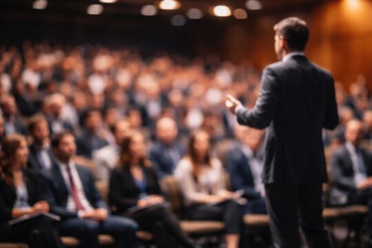 Blurred view of a presenter speaking during a business conference with engaged audience
