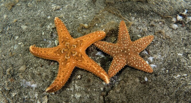 Underwater photograph showing a six limbed starfish next to a five limbed marine star
