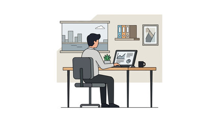 Fototapeta premium Businessman Working at Desk on Laptop with Data Charts in Modern Office Illustration