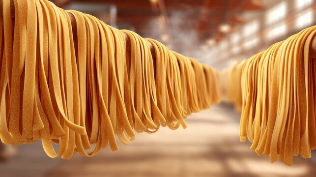 Long Strands of Dried Pasta Hanging in Parallel Lines Inside a Kitchen