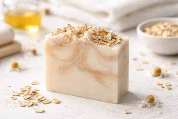 Fototapeta premium Handcrafted natural soap bar on white background with cold process technique