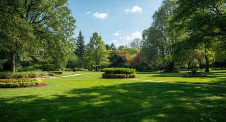 Fototapeta premium Sunny landscape showcasing beautifully maintained lawns and vibrant greenery in park