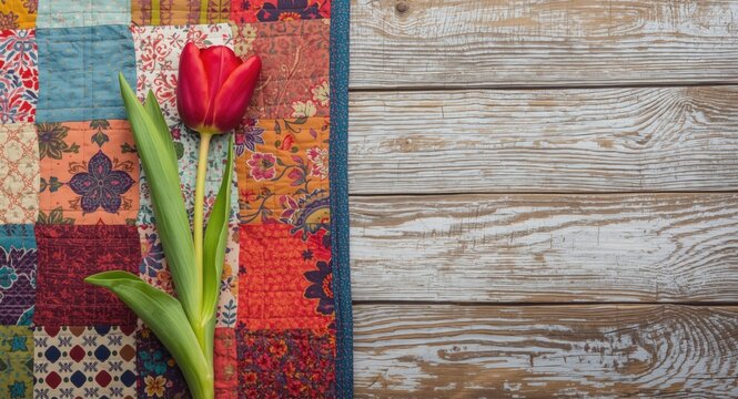 Tulip bloom on multicolored patchwork quilt with weathered wood background and space for text