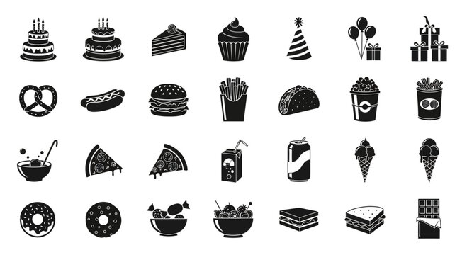 Collection of various dessert icons and symbols.