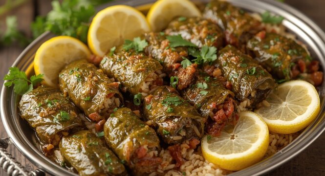 Delightful traditional dolma made with grape leaves stuffed with savory rice served with fresh parsley and lemon wedges on a serving platter