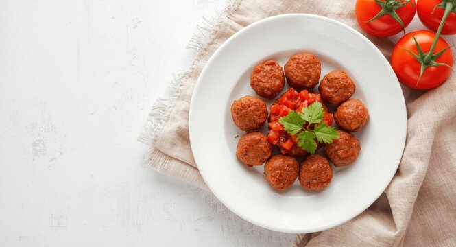 White ceramic plate holding vegan skinless soy protein cevapcici with parsley and tomato garnish