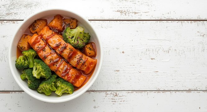 White bowl filled with salmon bites and broccoli florets accompanied by bang bang sauce on a rustic white wooden table with copy space