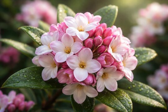 Detailed close-up of blooming Daphne perfume flowers in a garden
