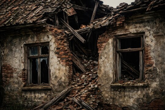 Closeup view of a weathered broken house facade with missing bricks and collapsed roof