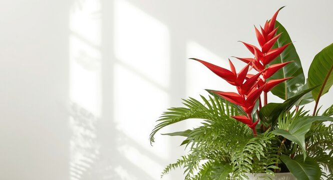 Tropical houseplant display with bright red Acalypha hispida blooms and abundant green leaves