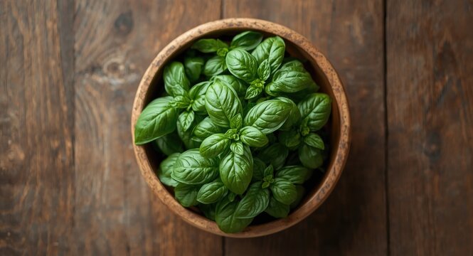 Top down perspective of fresh organic basil leaves in a rustic wooden bowl highlighting natural color