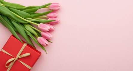 Obraz premium Special occasion pink tulips beside a red gift wrapped in shimmering gold ribbon on a soft pink textured backdrop