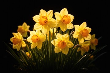 Fototapeta premium A vibrant cluster of daffodils glowing on a rich black background