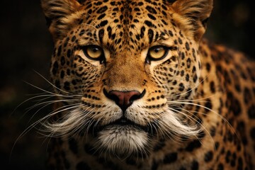 Obraz premium A fierce leopard predator with a prominent thick mustache in close up