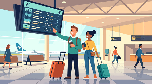 A clean flat design illustration showing a traveling couple happily waiting at an airport terminal with their luggage, anticipating their flight. This image captures the beginning of a new journey.