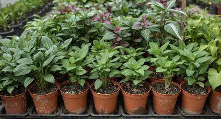 Fototapeta premium Various plants organized in plastic pots lined up tidily on a flat surface