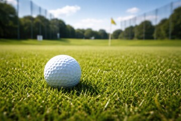Obraz premium Bright sunny day with a white golf ball resting on lush green grass at a golf practice range