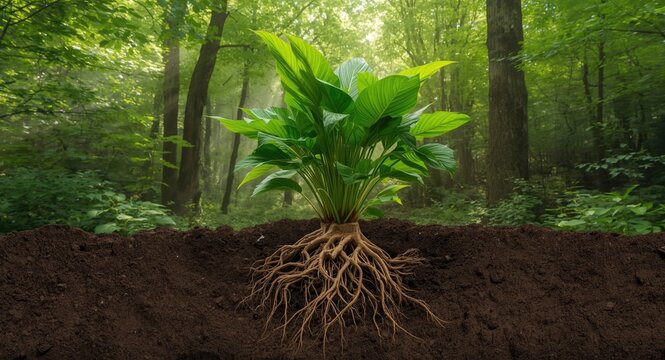 Mandragora officinarum growing robustly in forest setting with vivid green leaves and roots