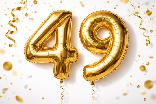 Gold Foil Number 49 Balloon for Anniversary Celebration on White Background