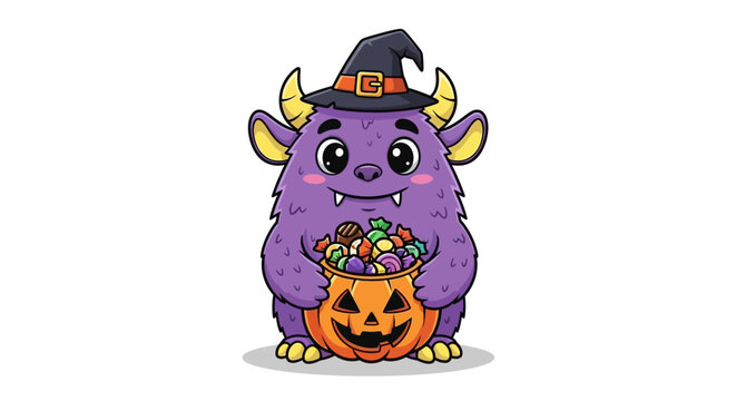 Purple monster in witch hat holding pumpkin.