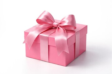 Obraz premium Bright pink gift box with decorative ribbon bow on a clean white background with copy space