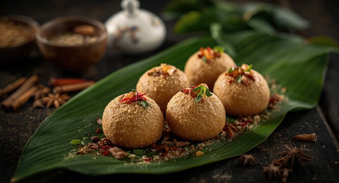 Indian mitha masala paan with aromatic herbs and spices on natural banana leaf base