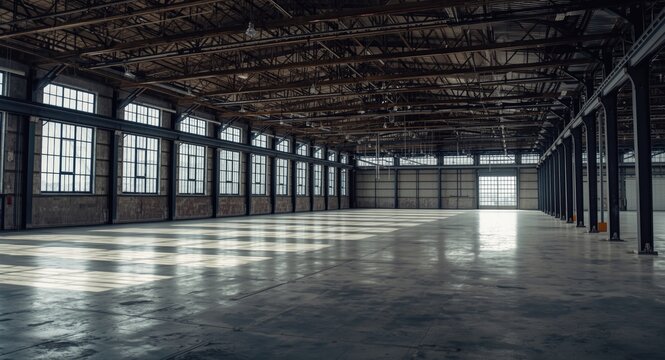 Wide open industrial warehouse space illuminated by big factory style windows