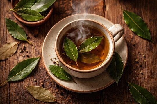 Top view of a steaming cup of herbal tea with fresh bay leaves on a rustic wooden table