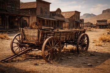 Obraz premium Rusty antique wagon amid deserted old western town