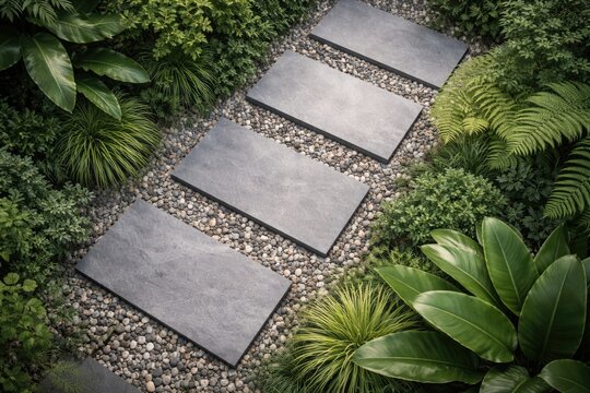 Aerial perspective of modern grey stone slabs on decorative pebble base with lush garden foliage