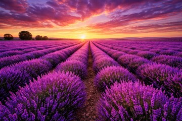 Obraz premium Lavender farm rows blossoming with vibrant blooms under a colorful sunset sky
