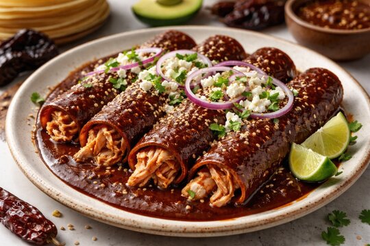 Traditional Latin American enchiladas served with rich chocolate salsa and classic mole poblano on a white background