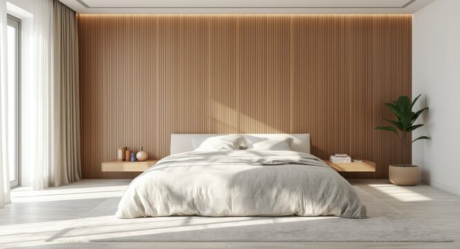 Tranquil bedroom featuring wooden wall cladding and a large cushioned bed