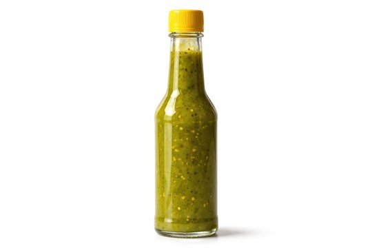 Green Hot Sauce Bottle With Yellow Cap Isolated On White Background
