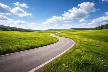 Naklejka premium A winding road crosses a vibrant green meadow under a bright blue sky with soft white clouds
