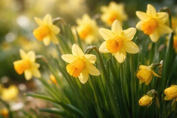 Obraz premium Close up of blooming miniature Tate a tete daffodil flowers in spring garden